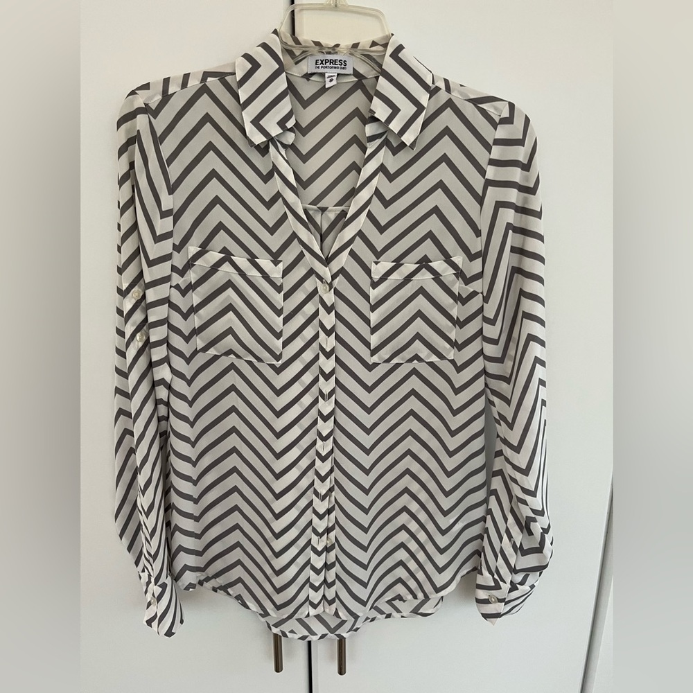 Express Gray and White Chevron Portofino Shirt Button Down Shirt